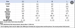 Detailed size chart for tencel cotton ruched shirt including length and bust measurements