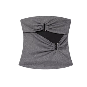 Damen Sexy Ausgeschnittenes Gerafftes Tube-Top Metallischer Strick Trägerloses Crop Top Silbergrau Party Streetwear Weste