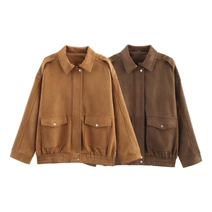 Close-up of suede texture jackets featuring lapel collars and metallic buttons