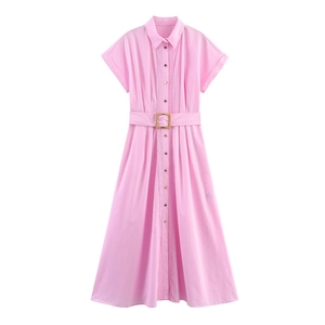 Elegant Pink Short Sleeve Shirt Midi Dress For Women With Belt Pleated Front Button Up Poplin Casual Vacation Dress