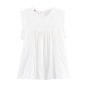 White sleeveless cotton top with lace trim collar and hollow embroidery details