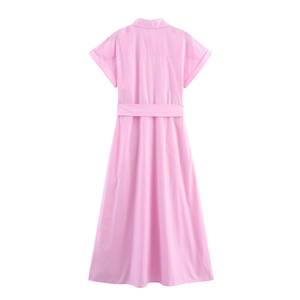Pink poplin midi shirt dress for women with short sleeves and a matching waist belt back view