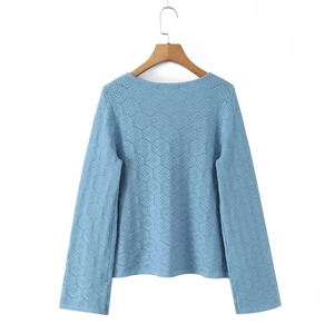 Sky blue long sleeve knit top with French style hexagonal honeycomb cutout texture