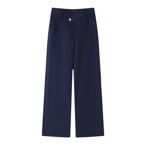 Women's dark blue wide-leg trousers with an asymmetric crossover waist and button detail
