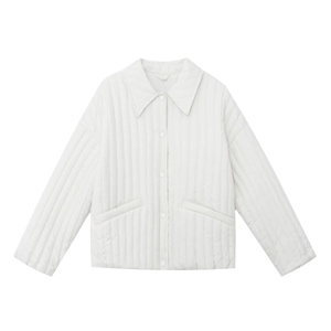 Women's minimalist white quilted short jacket with classic collar and front buttons