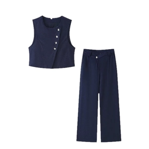 Navy blue two-piece set featuring a sleeveless vest with silver buttons and high-waist wide pants