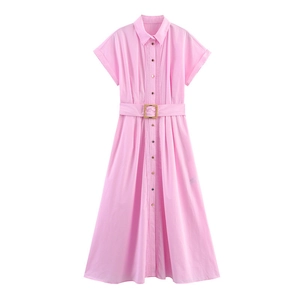 Pink poplin shirt midi dress with short sleeves and a woven buckle belt detail