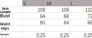 Size chart for strapless dress showing measurements for S, M, L in cm and kg
