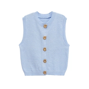 Chic light blue sleeveless knit vest for kids featuring elegant gold seashell buttons
