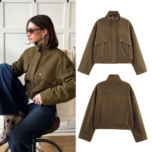 Veste en Simili Daim Vintage pour Femmes Col Montant Fermeture Éclair Poches Coupe Ample Streetwear Automne Hiver