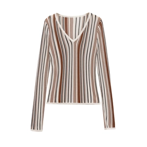 Women V-Neck Striped Knit Top Long Sleeve Slim Fit Pullover Retro Ribbed Knit Sweater Urban Casual Longline Top For Women