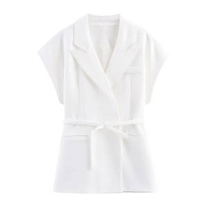 Detail view of a white linen blend double-breasted vest with a tied waist belt and lapel