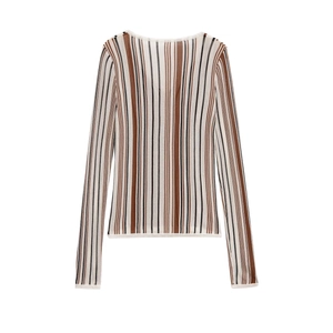 Detail view of linen blend knit sweater with vertical stripes and white rolled edge finish