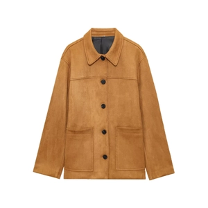 Veste minimaliste en daim camel avec col à revers et grandes poches avant