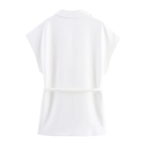 Detailed back view of white sleeveless linen vest with notched collar and tie-waist belt