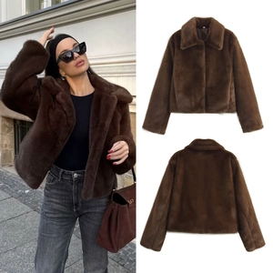 Damen Dunkelbraun Kunstpelz Jacke Kurzmantel Mit Revers Langarm Winter Warm Mode Streetwear Oberbekleidung