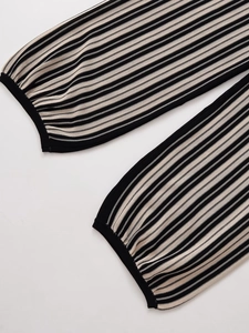 Detail of knit cuffs featuring black and white stripes on high-density ribbed fabric