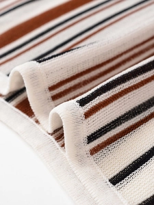 Macro detail of linen blend striped knit fabric with soft texture and refined stitching