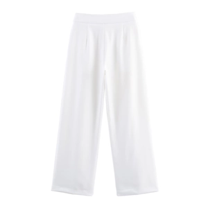 Detailed view of high-waist white wide-leg linen blend trousers with sharp front pleats