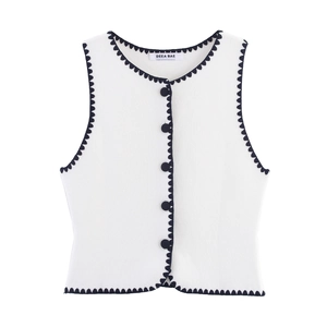 Women's Casual Knitted Vest Contrast Scalloped Trim Sleeveless Round Neck Button Down Cardigan Sweater Top For Daily Wear