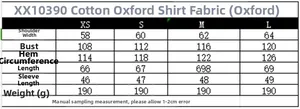 Detailed size chart with measurements for the cotton oxford long sleeve casual shirt