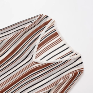 Women's V-neck linen blend knit sweater featuring horizontal white and brown stripes