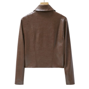 Rear view of brown PU leather jacket featuring classic lapels and stitched back panel