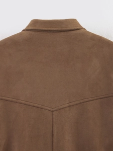 Detailed back yoke of a brown suede jacket with high-quality stitching and texture