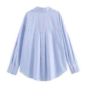 Detail of blue striped shirt showing back yoke construction and comfort pleats