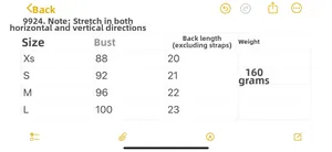Tableau des tailles détaillé pour haut dos nu à paillettes avec mesures de poitrine