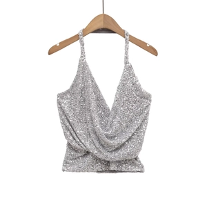 Top Dos Nu à Paillettes Argentées pour Femmes Col en V Coupe Ajustée Court Gilet de Soirée Sexy
