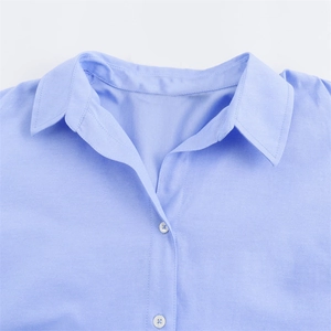 Detailed view of light blue shirt neckline featuring a classic point collar and white buttons