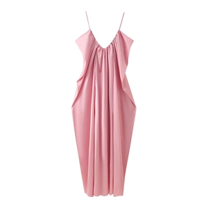 Pink satin slip dress with V-neckline and elegant pleated details for a minimalist summer look