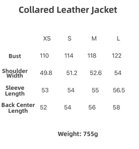 Detailed size guide table for women's PU leather lapel jacket from size XS to L