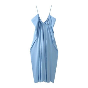 Light blue satin slip dress with V-neck and elegant pleats on white background