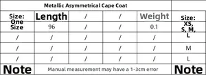 Size chart for asymmetric metallic poncho and wide leg pants set with measurements