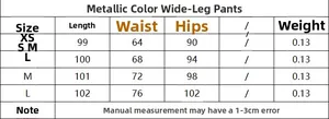 Size chart for metallic wide leg trousers showing length, waist and hip dimensions