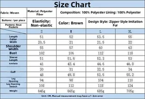 Tableau des tailles pour veste en fourrure synthétique brune avec mesures précises S-XL