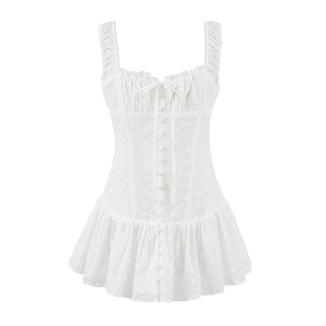 Abito Mini Canotta Francese Scollo Quadrato Ricamo a Occhielli Bordo con Volant Coulisse Slim Vacanze Estive Festa Donna