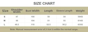 Size chart for women's round neck long sleeve jacket with S to L measurements