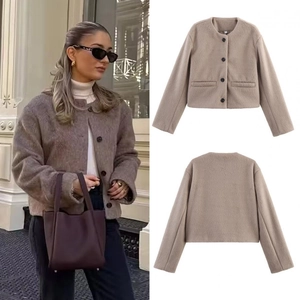 Close-up of women's round neck faux wool jacket with buttons and pocket details