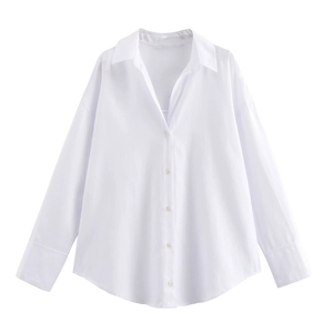 Minimalist white long-sleeved button-down shirt with a classic collar and curved hemline