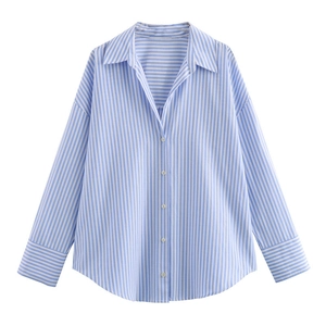 Women's summer striped long sleeve shirt with classic lapel and relaxed fit design