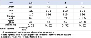 Detailed size chart for women's sequin top jacket showing measurements in centimeters