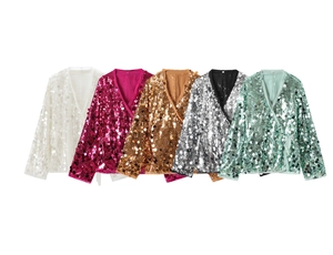 Detailed view of sequin kimono tops in five vibrant colors with reflective round sequins