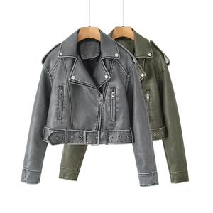 Detail of vintage faux leather jackets with metallic zippers and adjustable belts