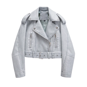 Detail of light blue washed faux leather biker jacket with asymmetric zip and waist belt