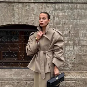 Women Fashion Short Trench Coat Lapel Long Sleeve Double Breasted Belted Jacket Khaki Casual Spring Autumn Outerwear