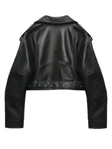 Back view of a cropped black faux leather biker jacket with a metallic eyelet belt