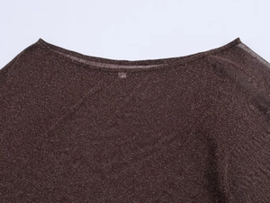 Detail of coffee brown metallic knit top neckline with sparkling gold fiber texture